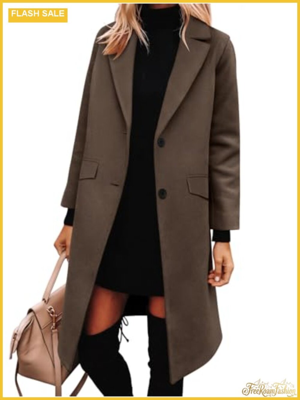 Women's Loose Fit Notched Lapel Peacoat Long Sleeve Knee Length Winter Coat
